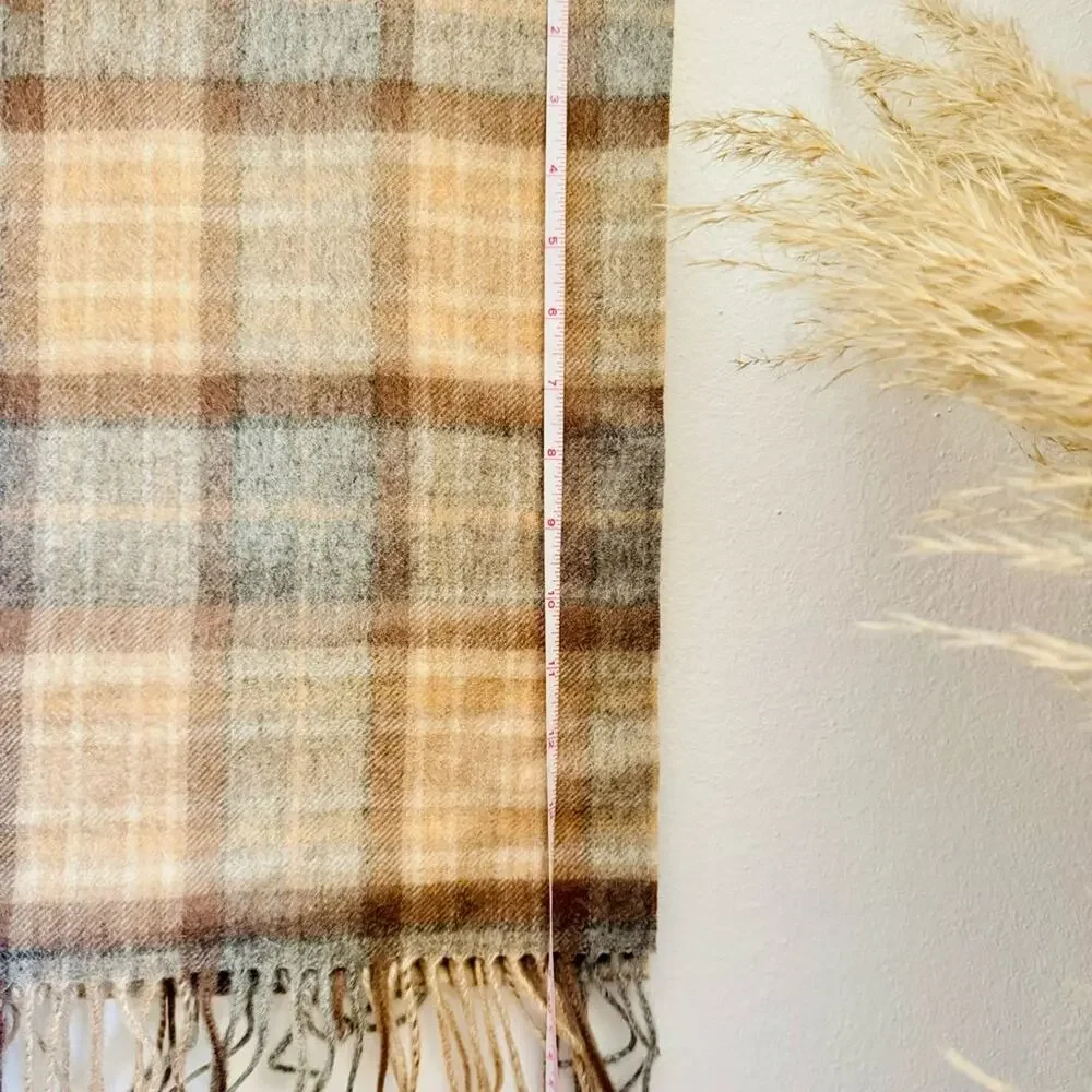 NEW EDINBURGH Beige Soft Blue Tan Cashmere Tartan Plaid Tassel Cozy Scarf Wrap